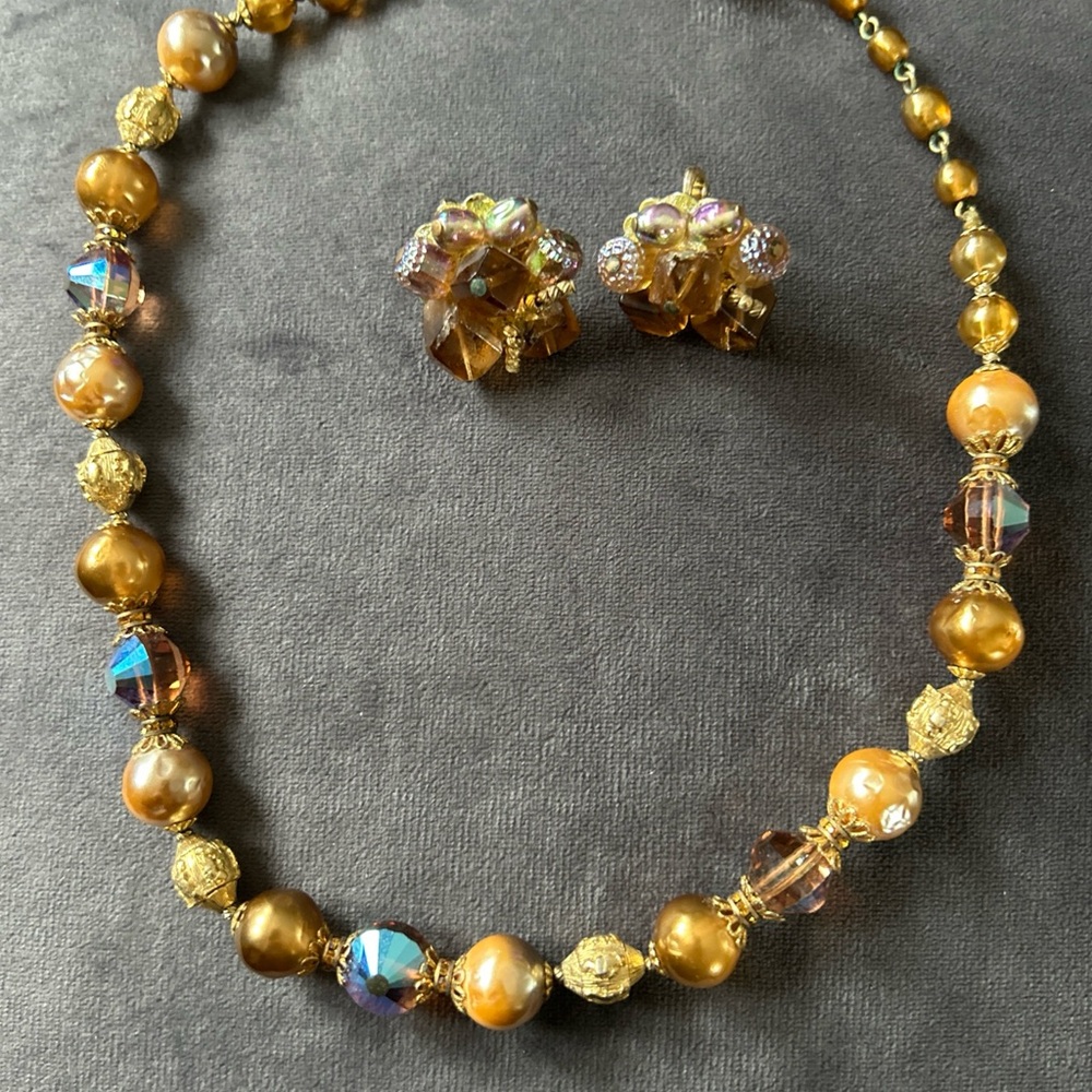 Vintage Crown Trifari Beaded Necklace and Earring Set